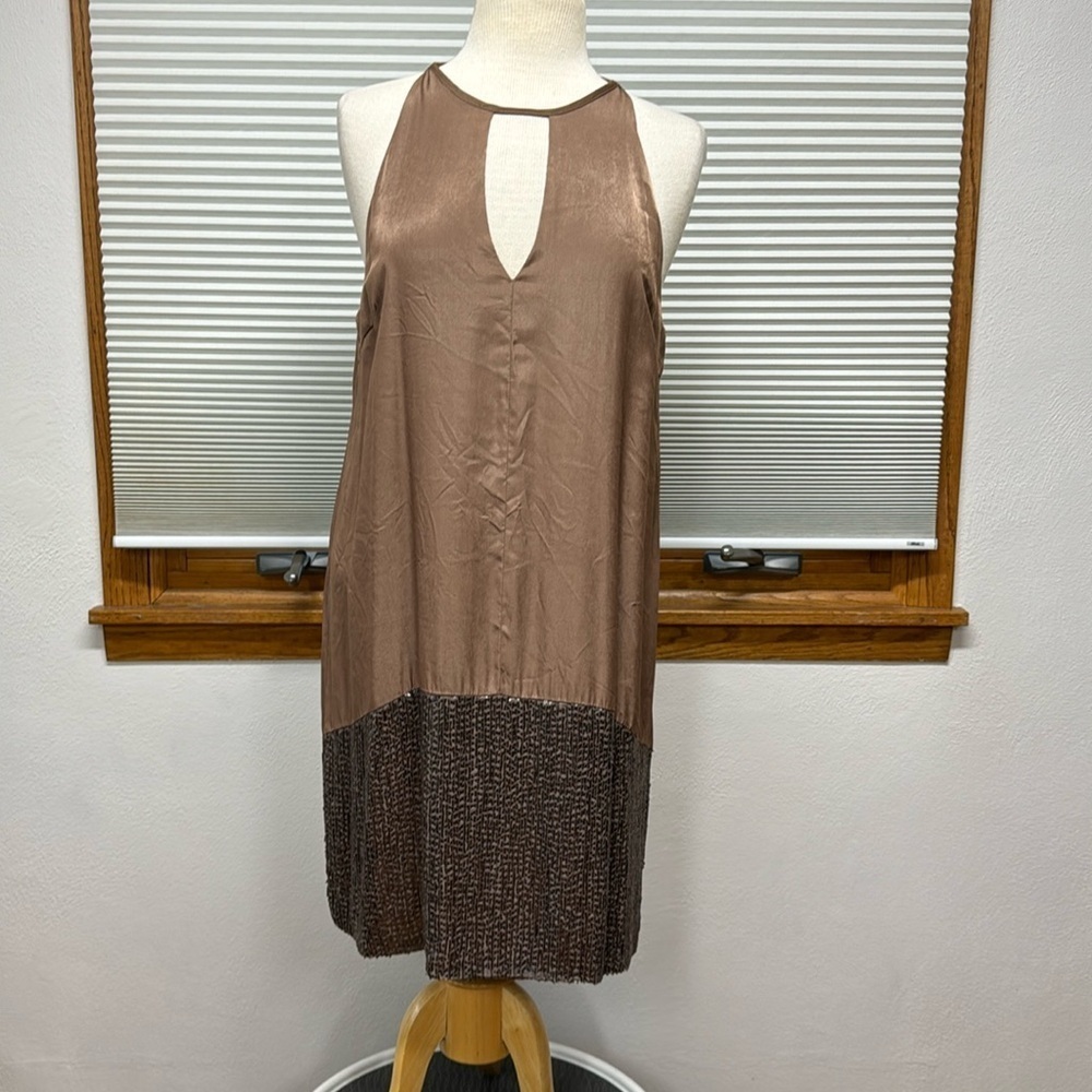 Mm Couture by Miss Me Brown Silky Sleeveless Sequins V-Neck Dress